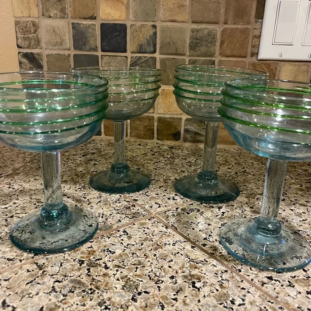 4 Hand Blown Green Glass Margarita Glasses Made in Mexico